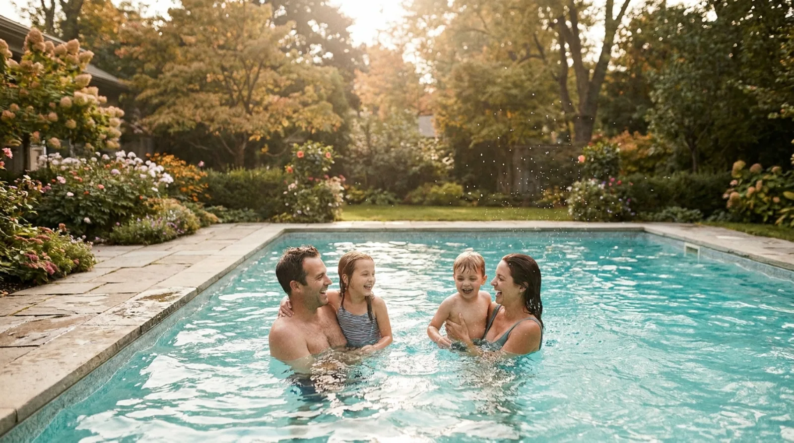 Familia disfrutando de un baño en una piscina climatizada con luz cálida