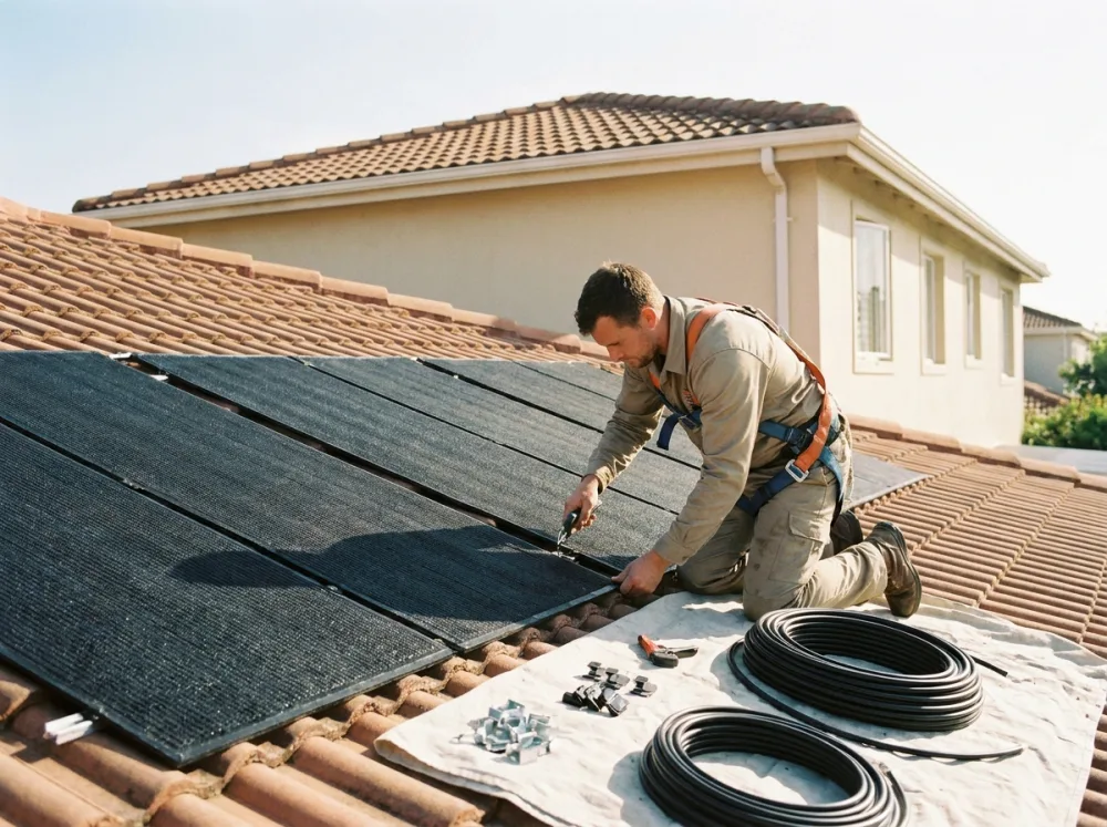Instalador profesional montando los colectores solares térmicos en un tejado