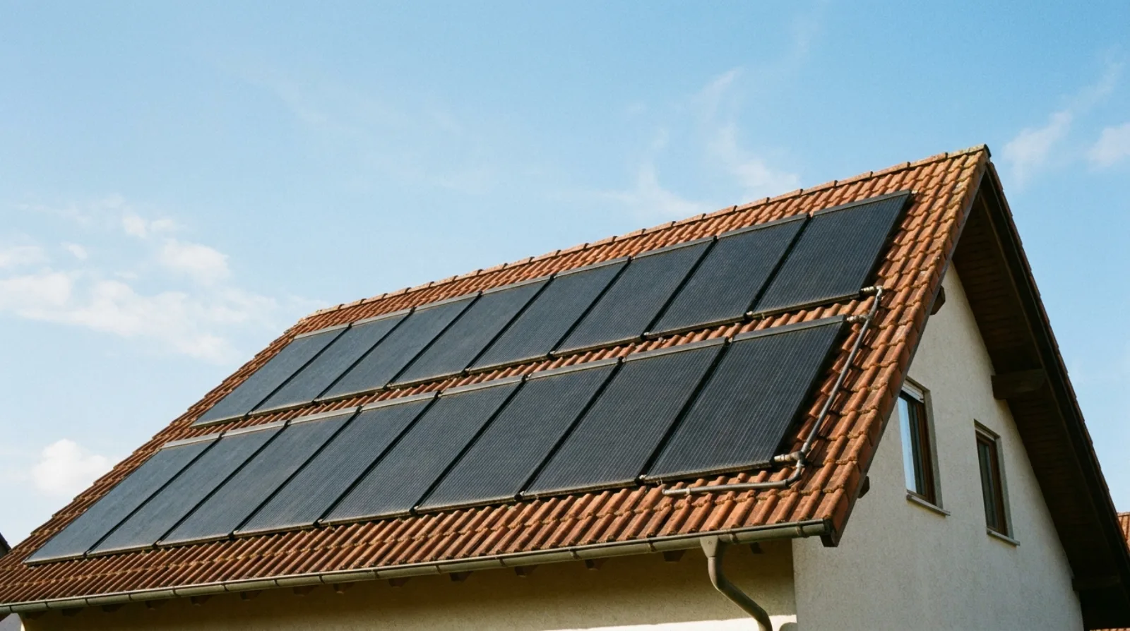 Colectores solares térmicos OkU instalados ordenadamente en el tejado de una vivienda