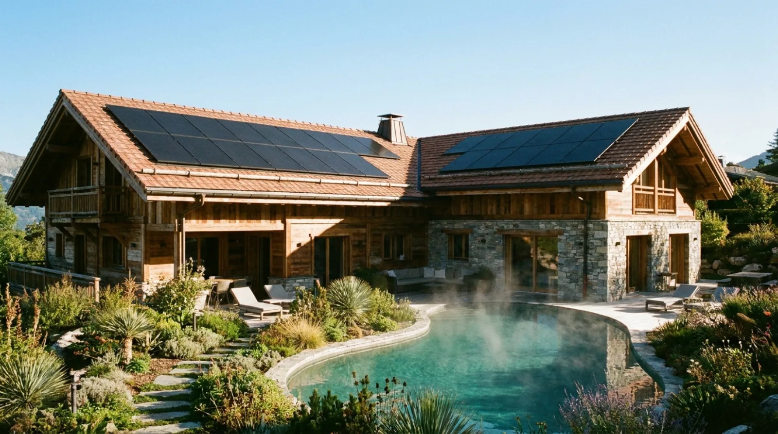 Chalet con piscina climatizada y colectores solares en el tejado